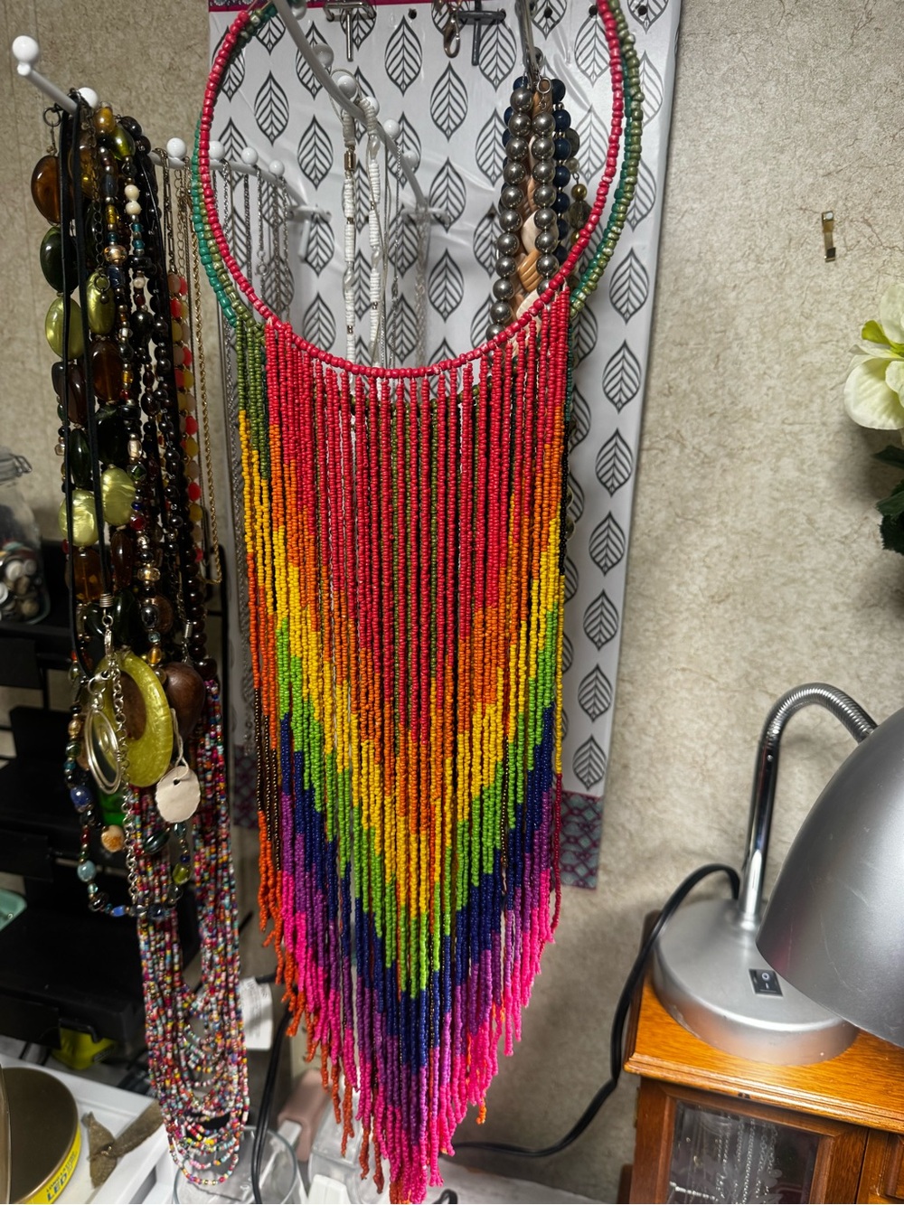 Handmade Beaded Fringe Necklace with Rainbow Chevron